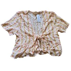 Pacsun‎ LA Hearts Pink Floral Print Tie Front Short Sleeve Blouse Top